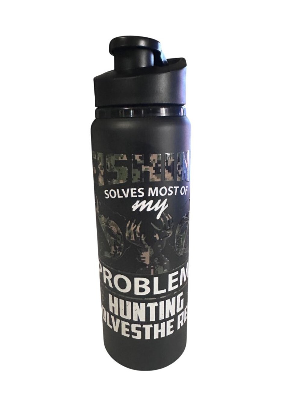 24 oz aluminum water bottle with handle green camo fishing and hunting theme